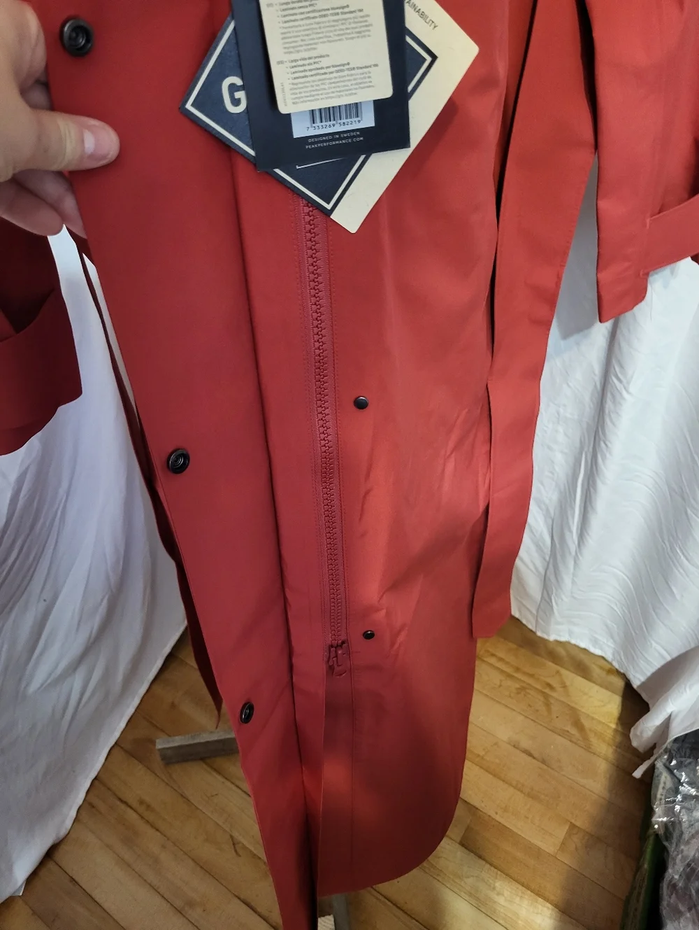 Peak Performance Red Trench Coat with Tie Belt, Size Medium - Picture 11 of 17
